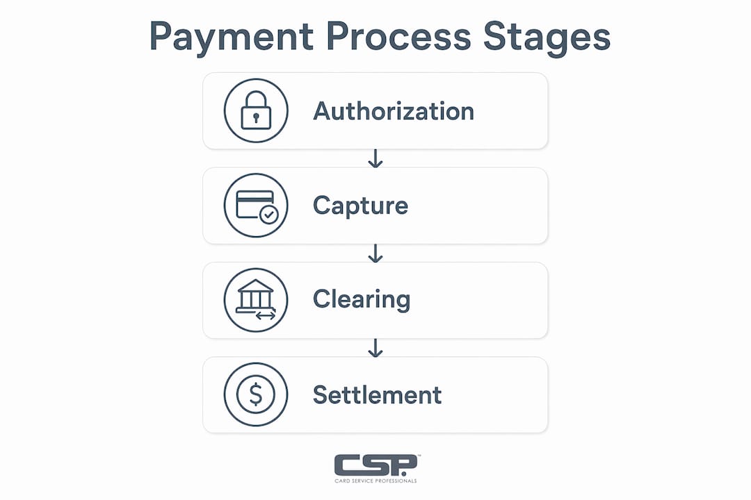 Infographic illustrating merchant account payment stages