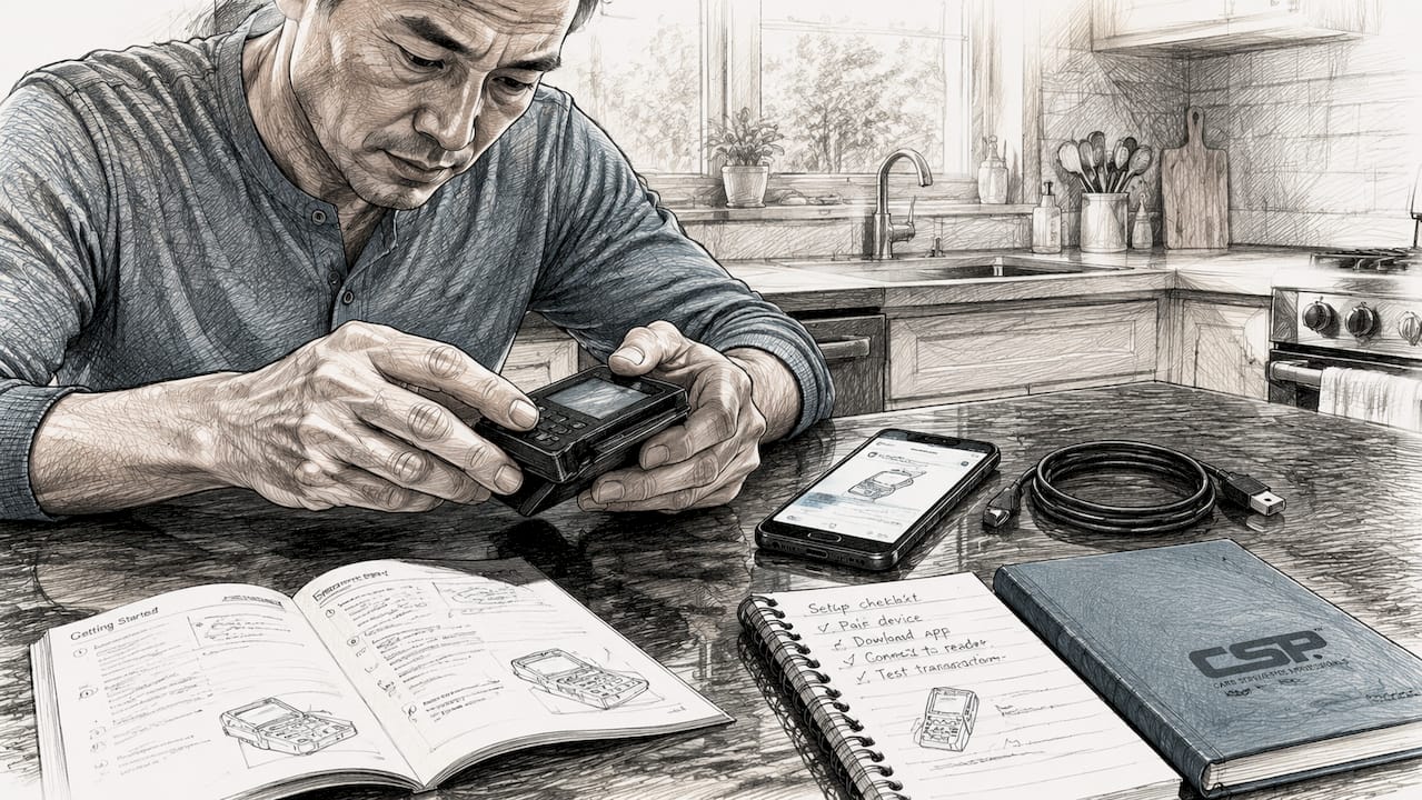Hands holding smartphone and mobile card reader device