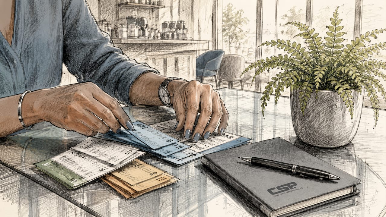 Close-up of hands sorting credit card receipts