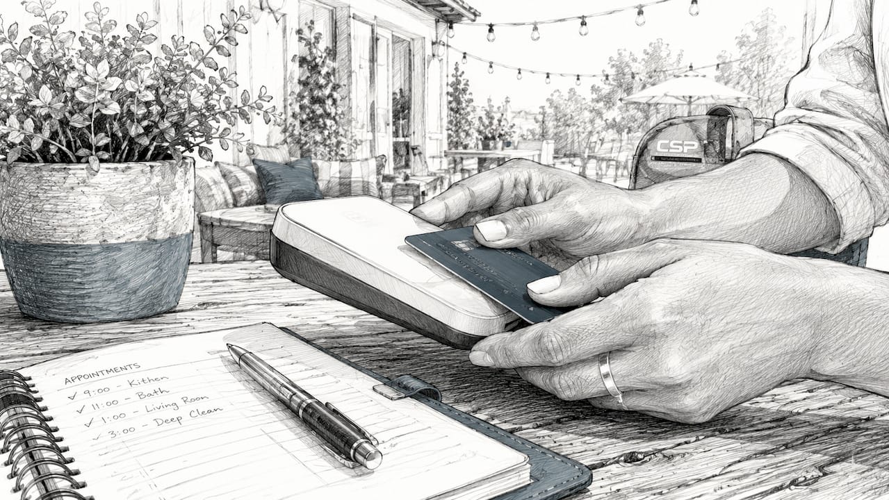 Hands using mobile card reader in home