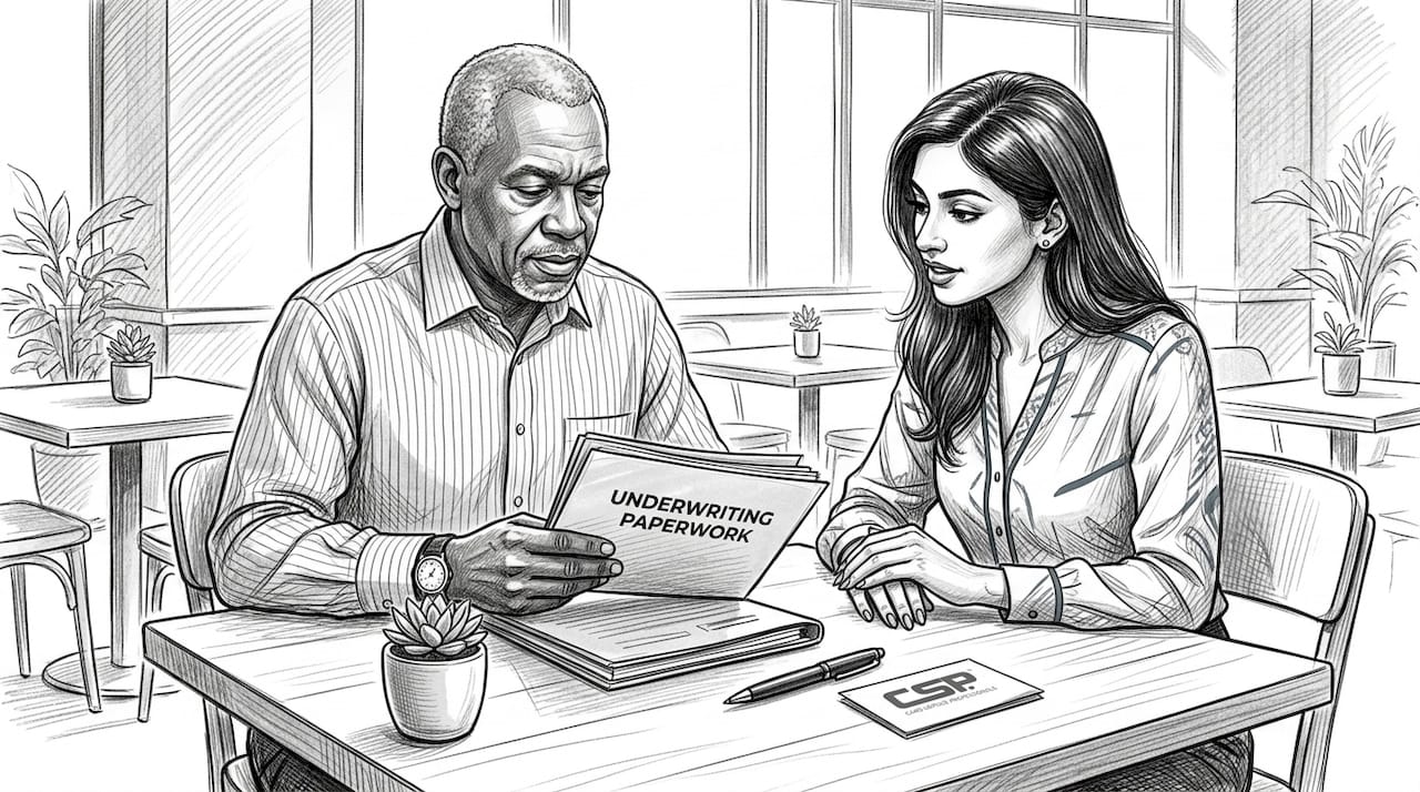 Hands exchanging underwriting documents at table