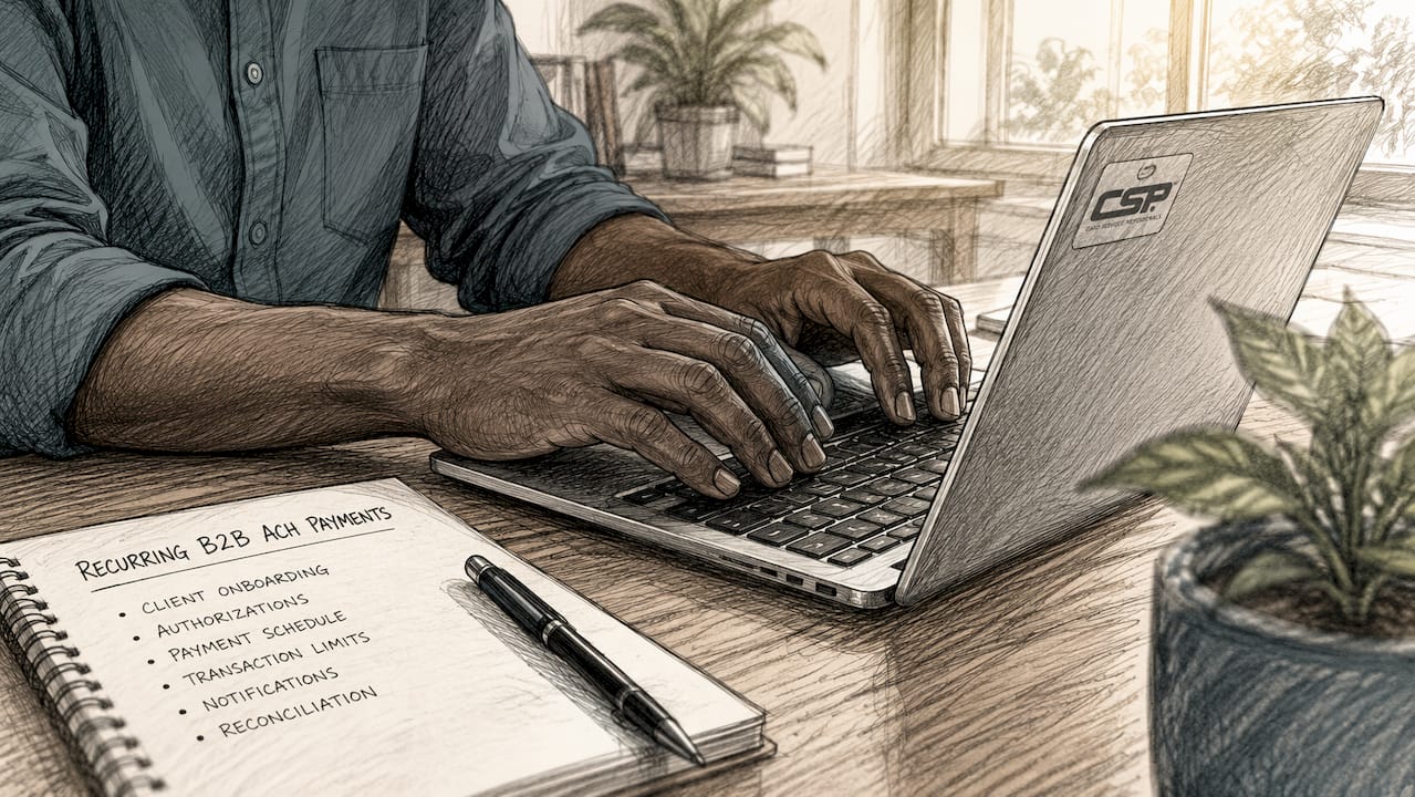 Hands typing ACH payment data on laptop