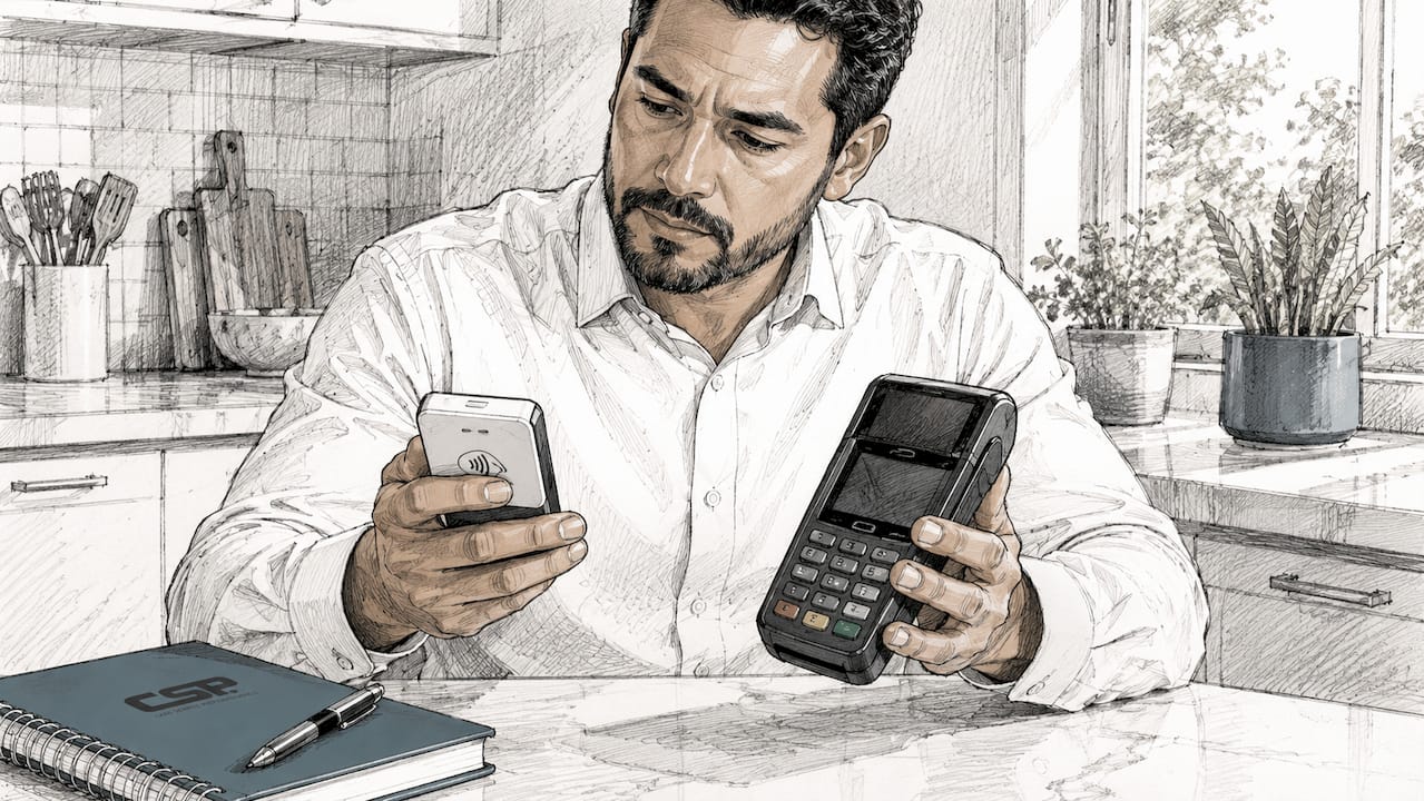 Hands comparing mobile card reader terminals