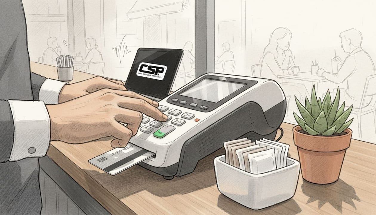 Hands entering PIN on payment terminal keypad