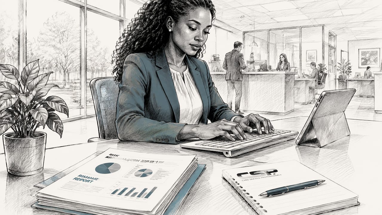 Bank employee working on fees report close-up