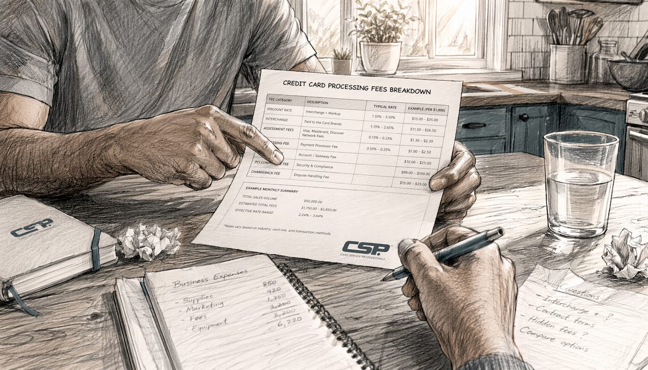 Hands pointing at credit card fees breakdown document