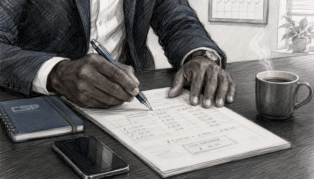Hands calculating surcharge amounts on worksheet