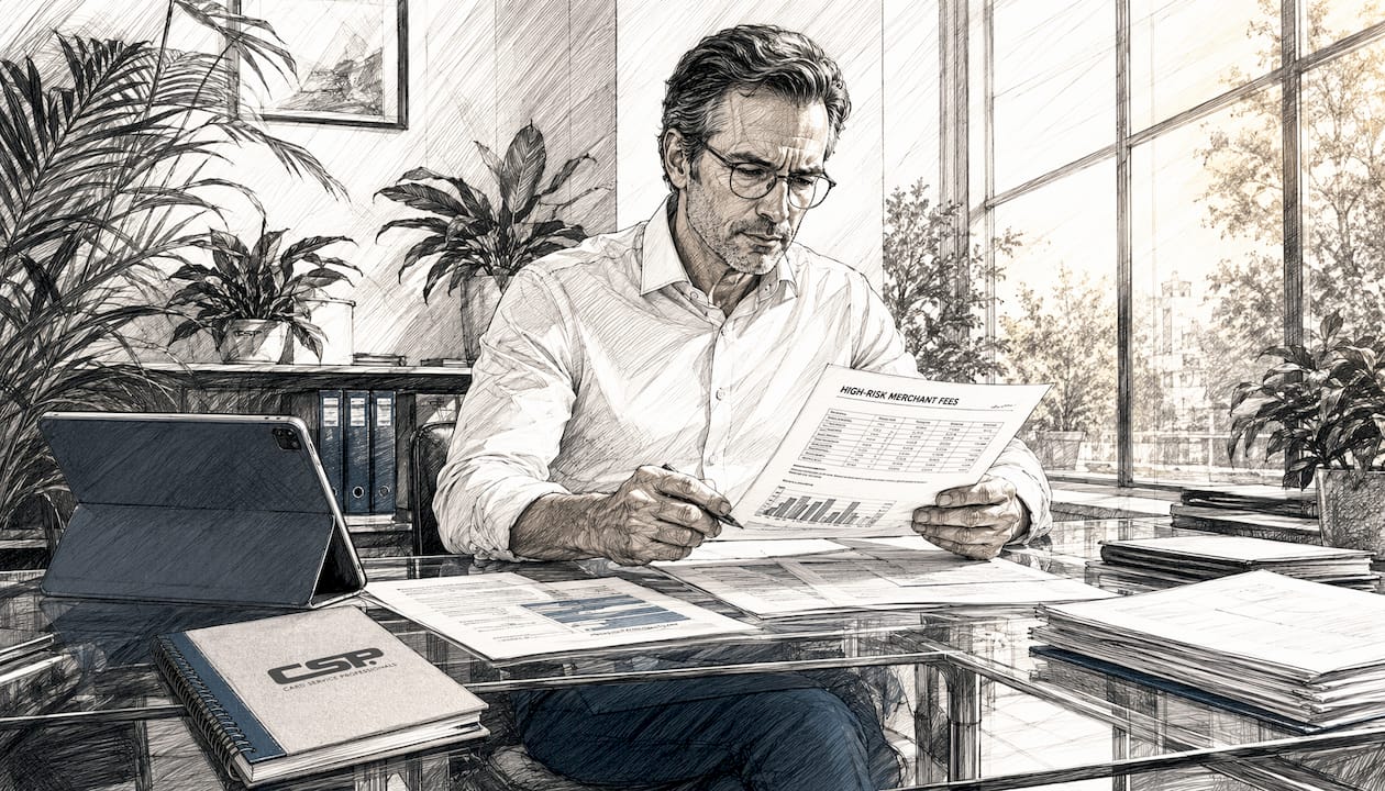 Financial advisor reviewing merchant risk documents