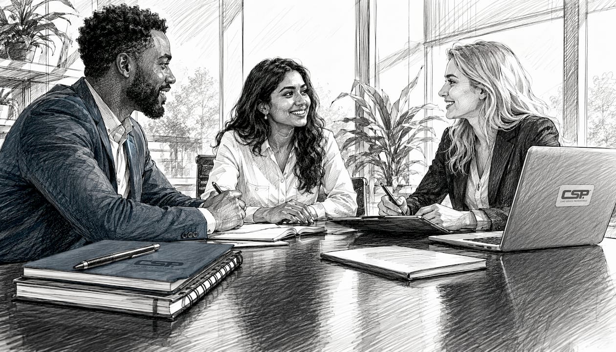 Team discussing payment processor options in office