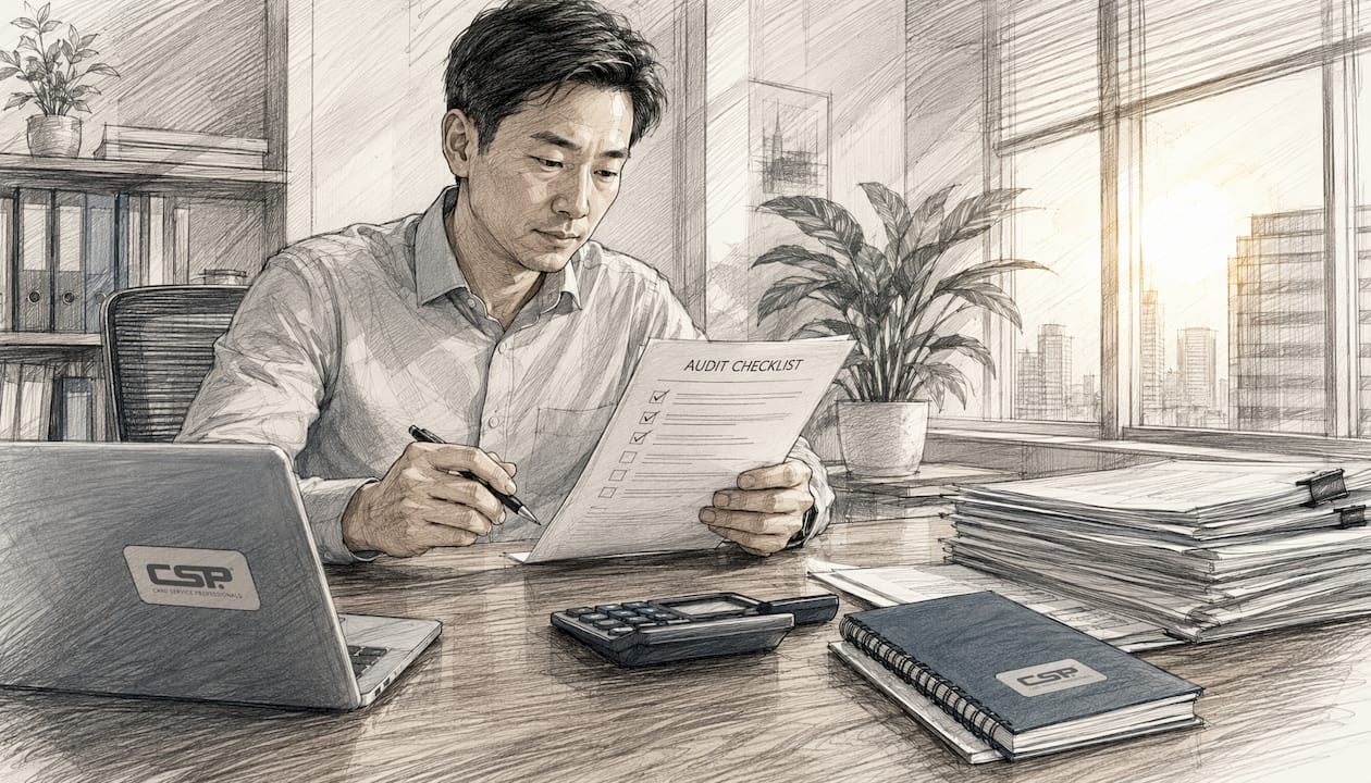 Hands auditing merchant service documents on desk