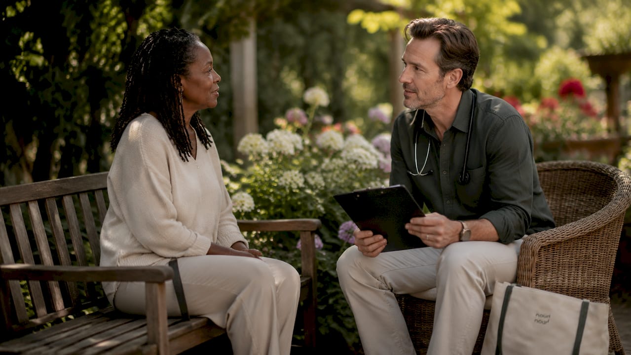 Patient consulting with concierge physician in bright exam room