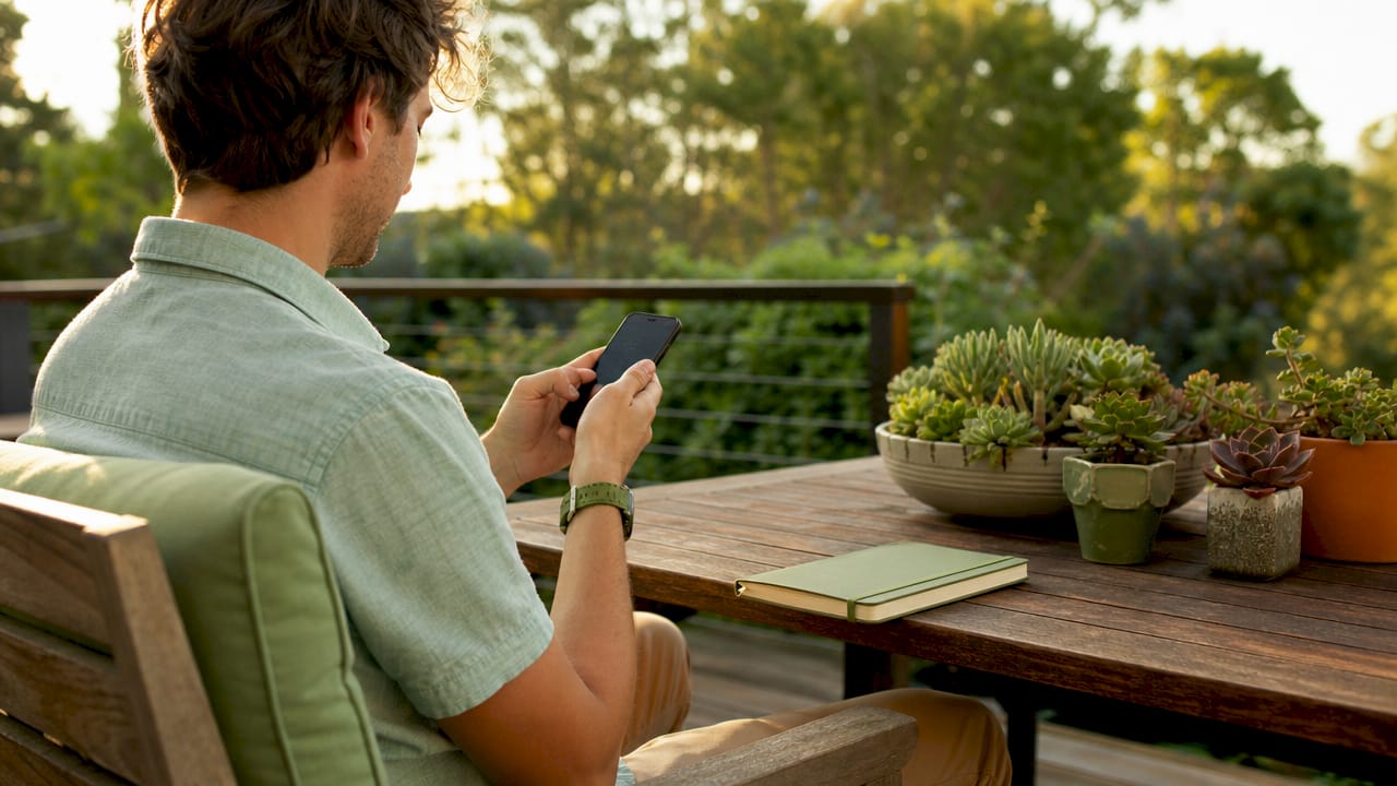 Hands activating NFC on smartphone in home office