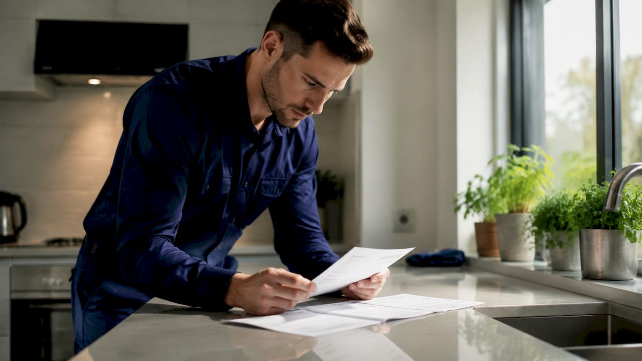 Plumber reviewing licence documents at home study