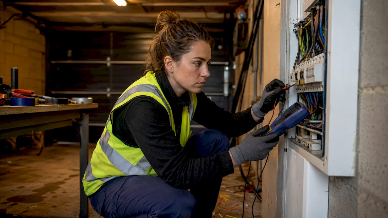 Electrician inspecting home's electrical panel