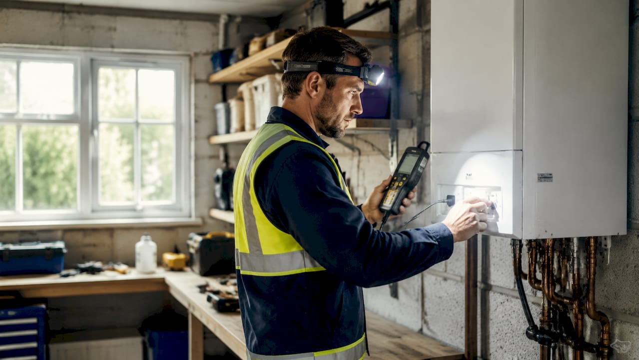 Engineer inspecting boiler with combustion analyzer