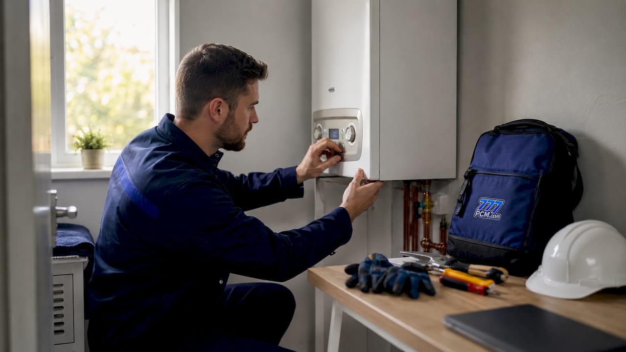 Engineer conducting gas safety check on boiler