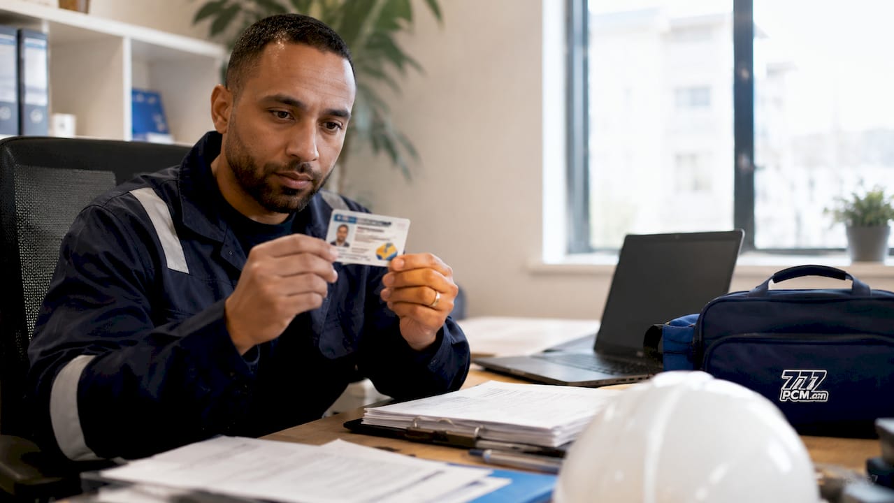 Hands holding Gas Safe engineer ID card