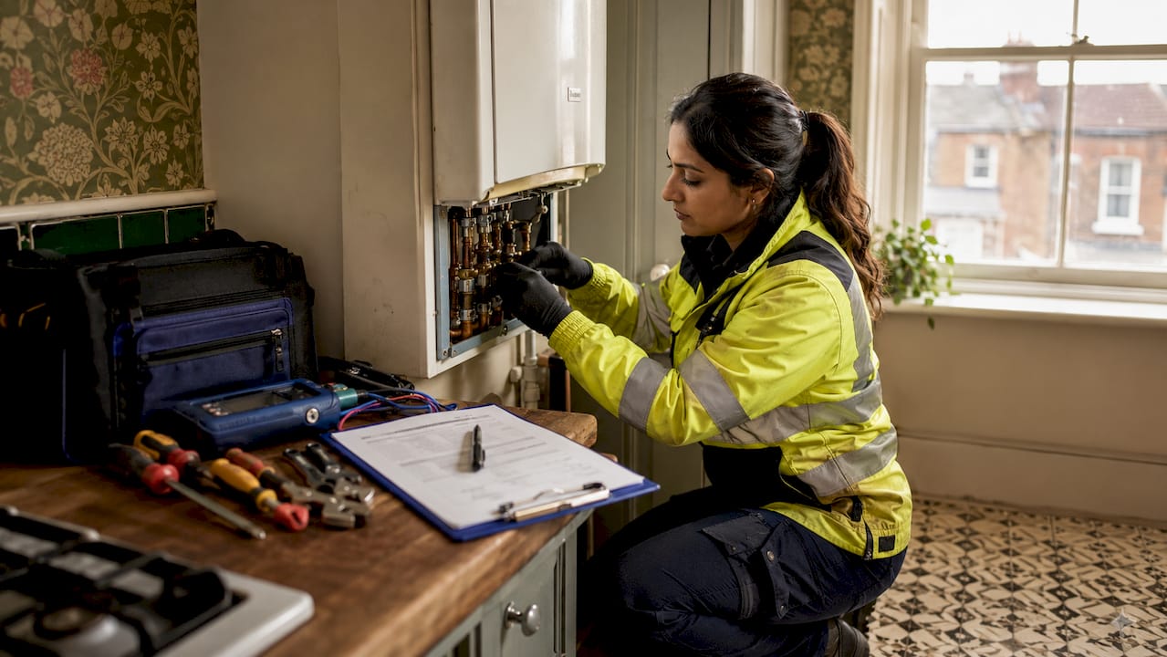 Gas engineer inspecting boiler in rental utility room