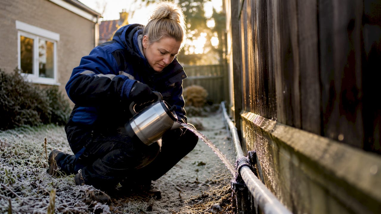 Homeowner thawing frozen condensate pipe outside