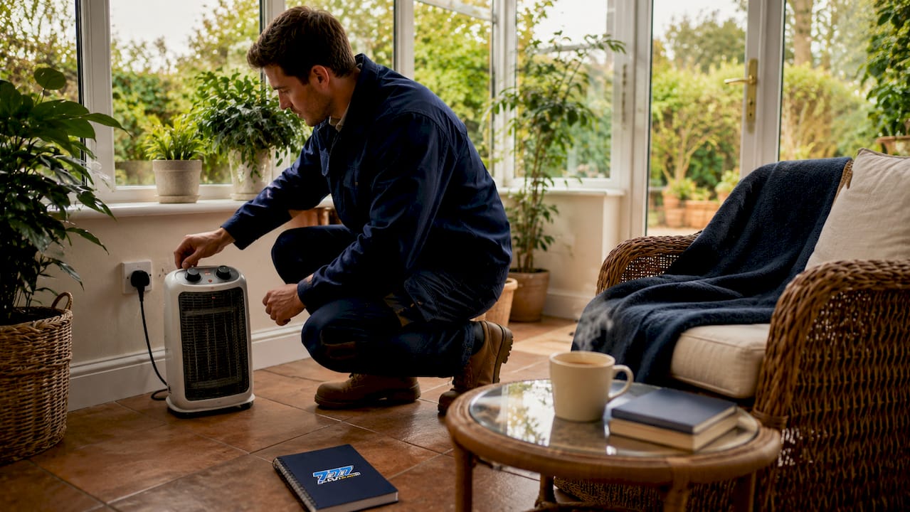 Hands setting up portable electric heater indoors