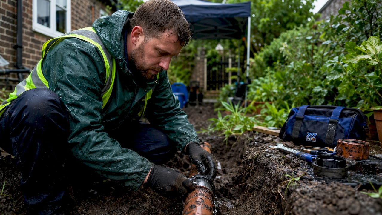 Plumber repairing collapsed drain pipe outdoors