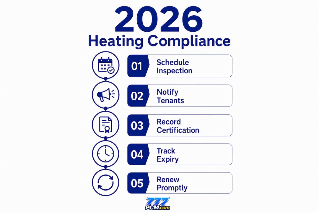 Infographic showing 5 steps for heating compliance