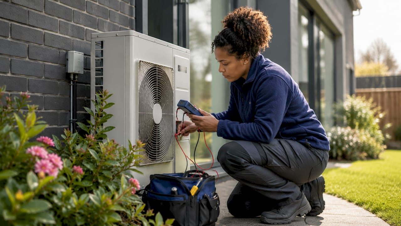 Engineer testing heat pump installation outdoors