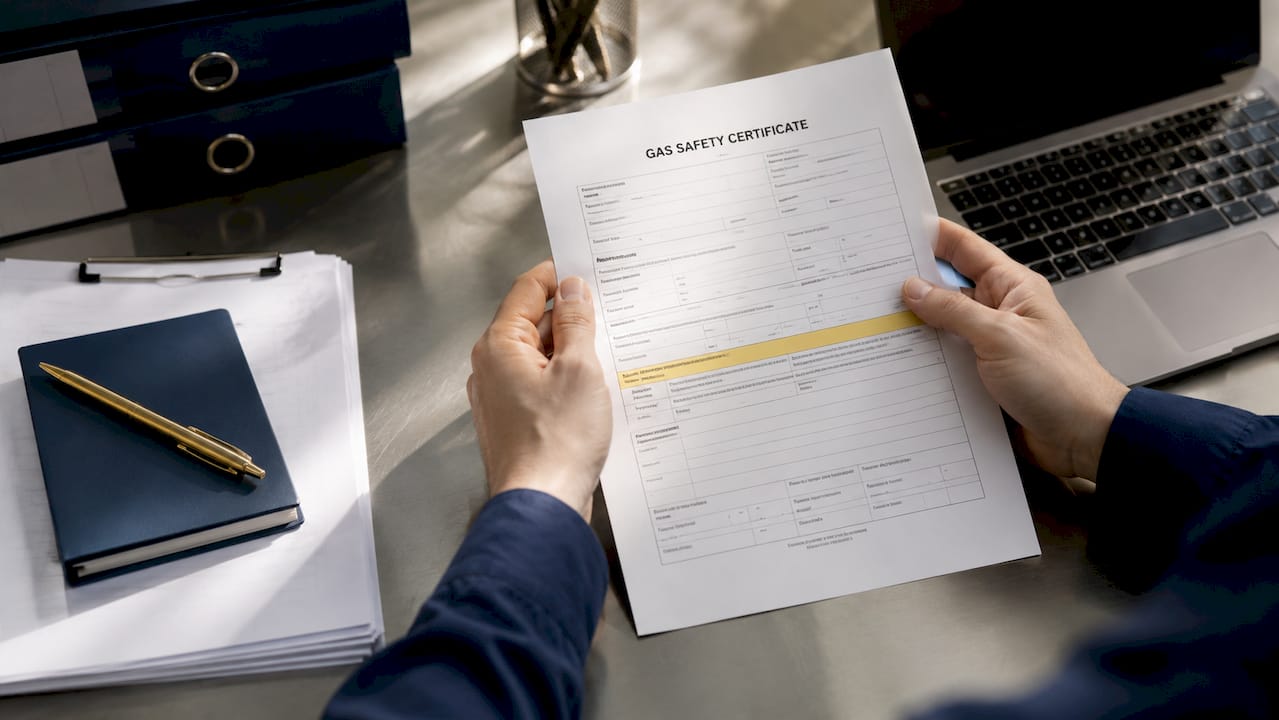 Close-up of landlord holding gas safety certificate