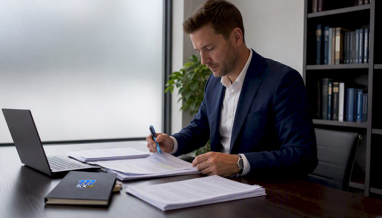 Hands sorting pre-tenancy legal documents on table