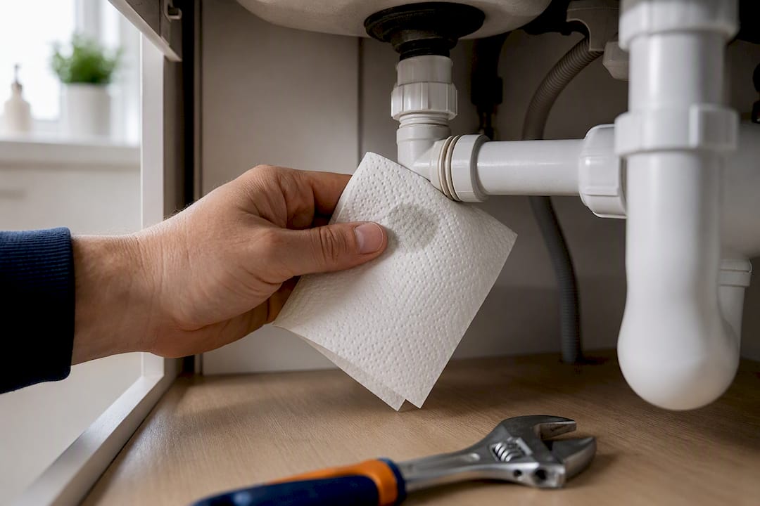 Kitchen roll testing a leaking pipe joint