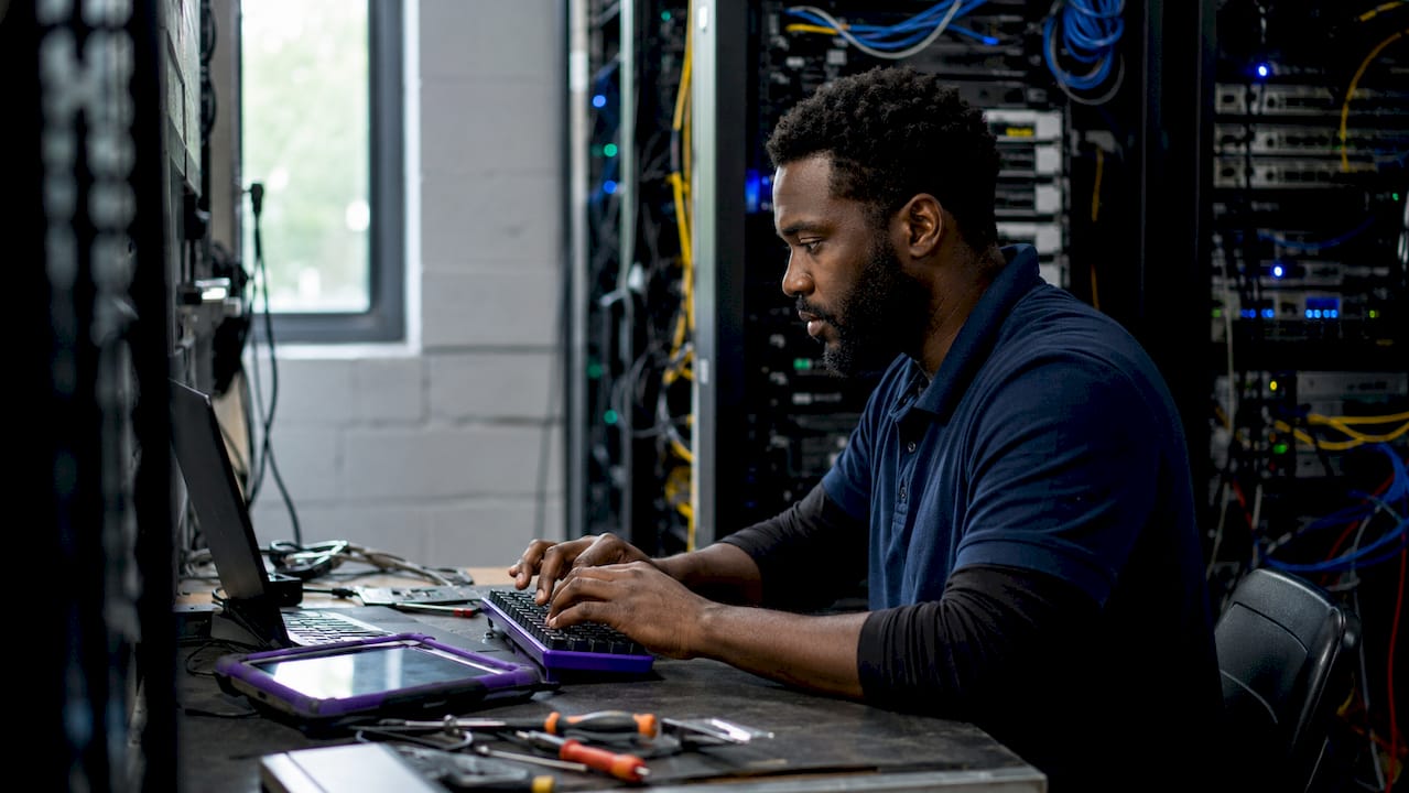 IT specialist hands typing in server room