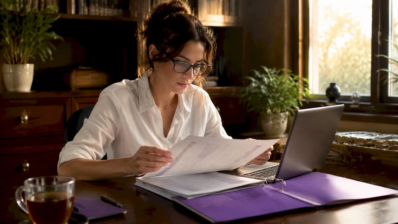 Analyst reviewing data classification documents at desk