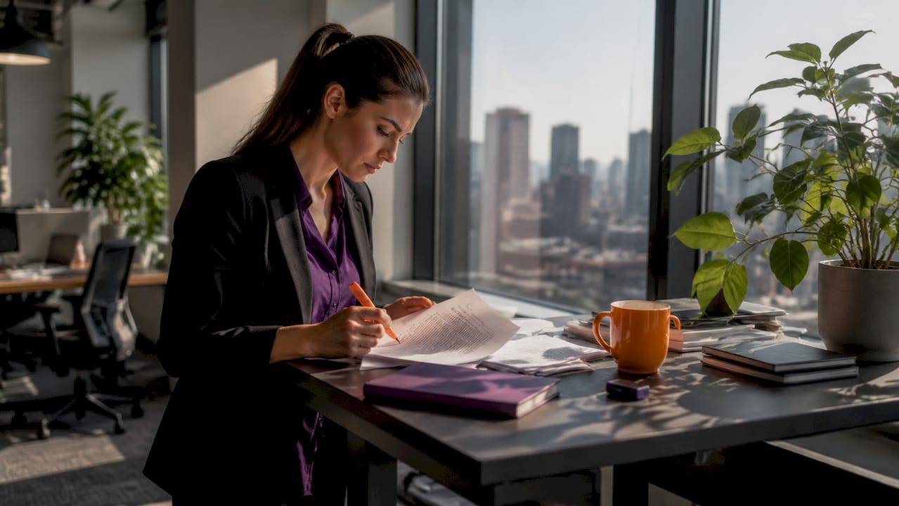 IT professional reviewing ISO 27001 documents at desk