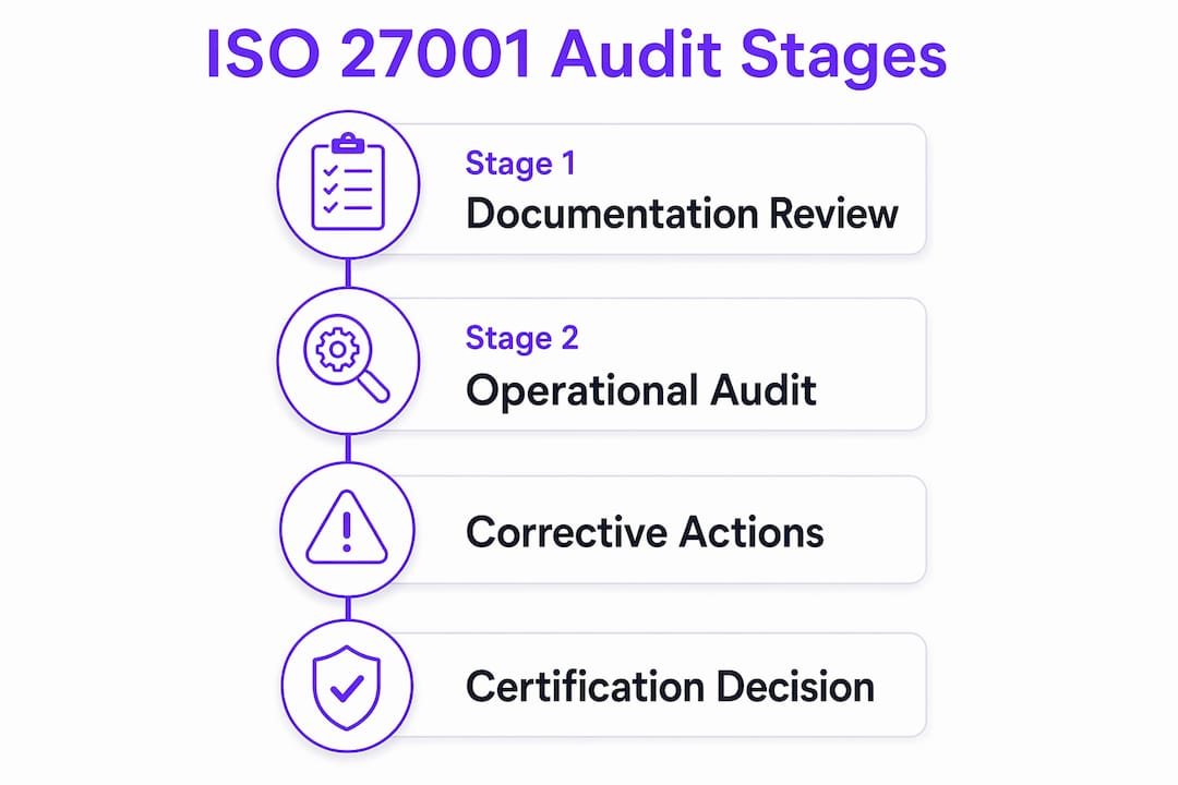 Infographic detailing ISO 27001 audit stages flow