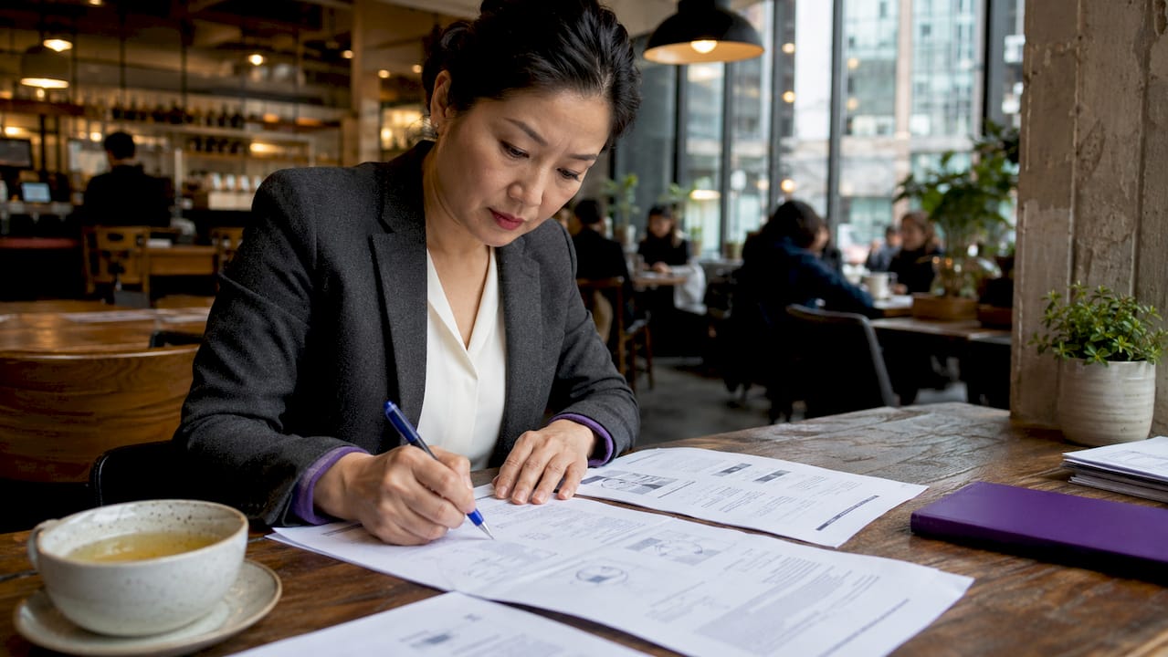 Business analyst reviewing ISO 27001 documents at desk