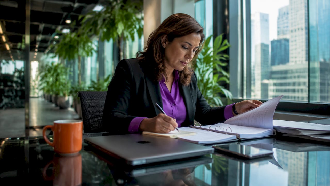 Financial officer reviewing ISMS plan documents