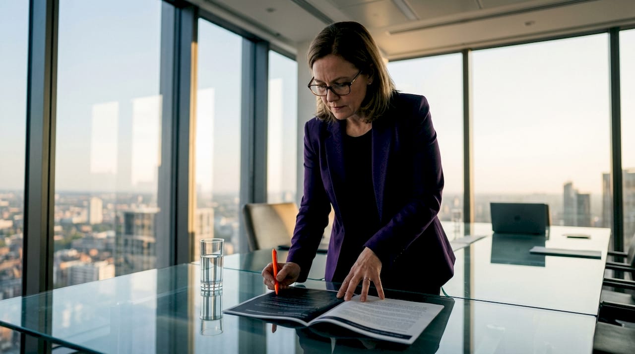 CISO reviewing ISO 27001 documents in office