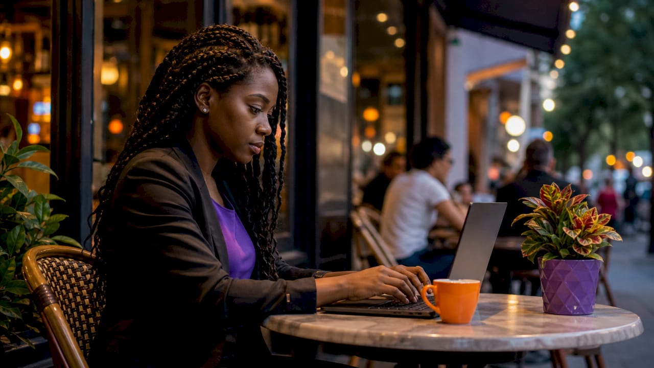 Hands typing on laptop in coworking space