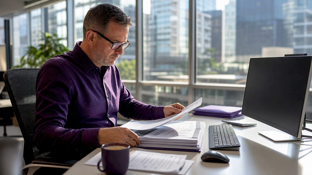 Cybersecurity analyst reviewing PAM policies at desk