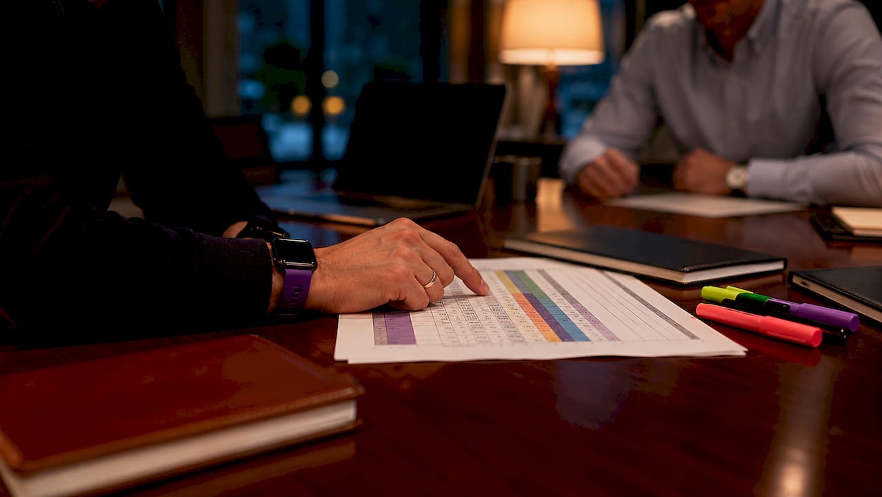 Hands pointing at asset ownership spreadsheet