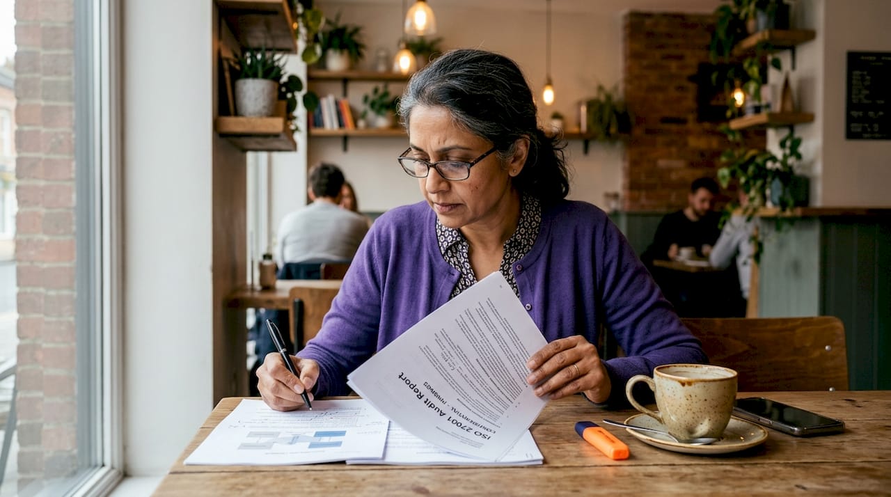 Professional woman reviewing ISO 27001 audit report