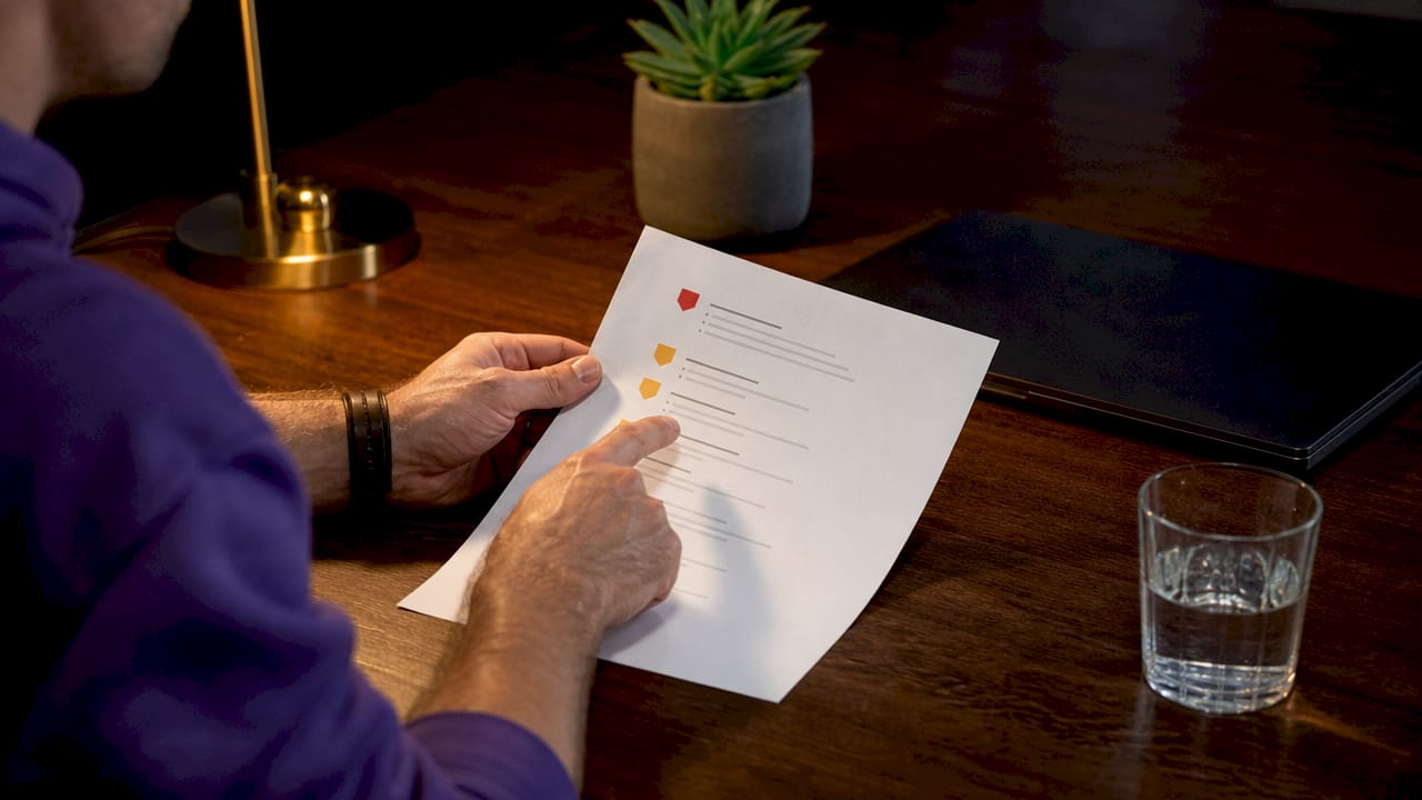 Overhead view of hands examining security gap chart