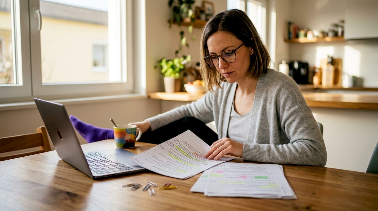 Startup founder reviewing ISMS documents at desk