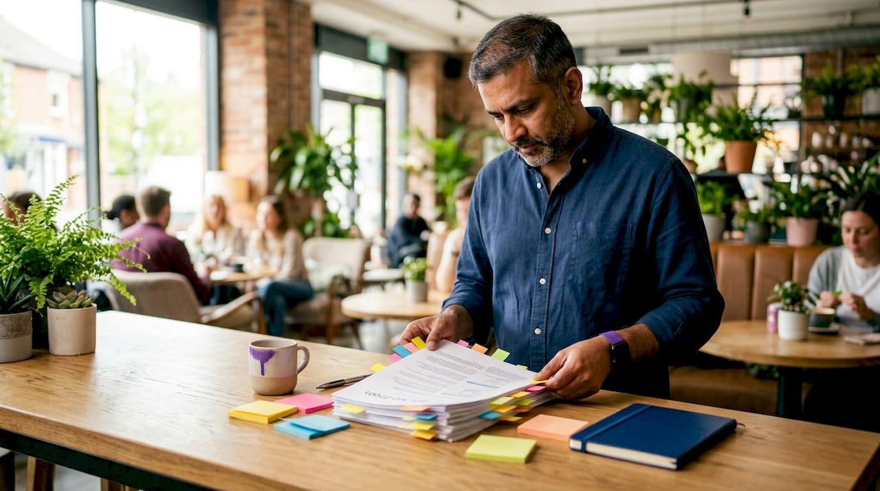 Man reviewing ISO 27001 compliance documents in office