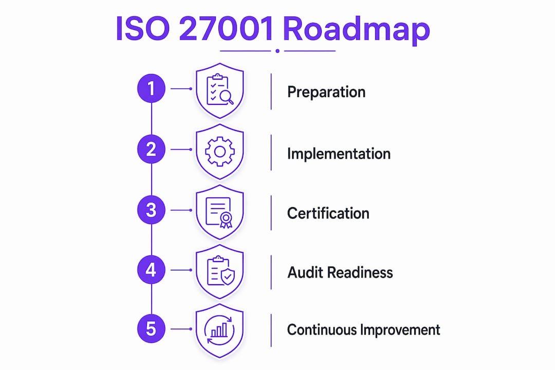 Infographic outlining ISO 27001 compliance roadmap stages
