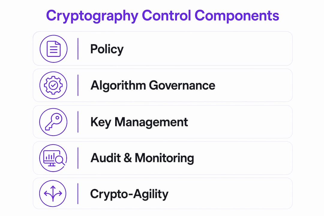 Infographic showing key cryptography control components in ISMS