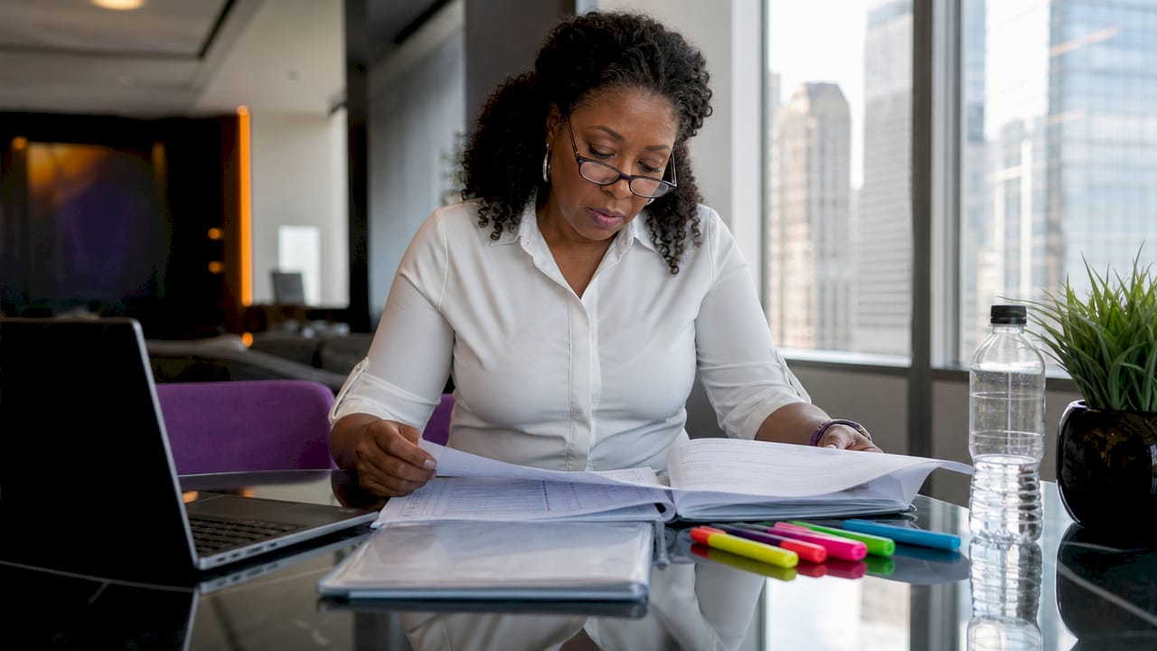 Compliance officer reviewing fraud prevention documents