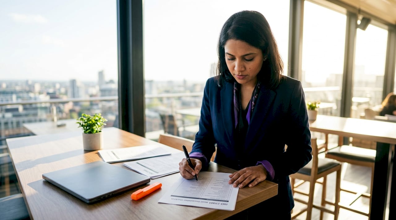 IT compliance officer reviewing ISO 27001 checklist