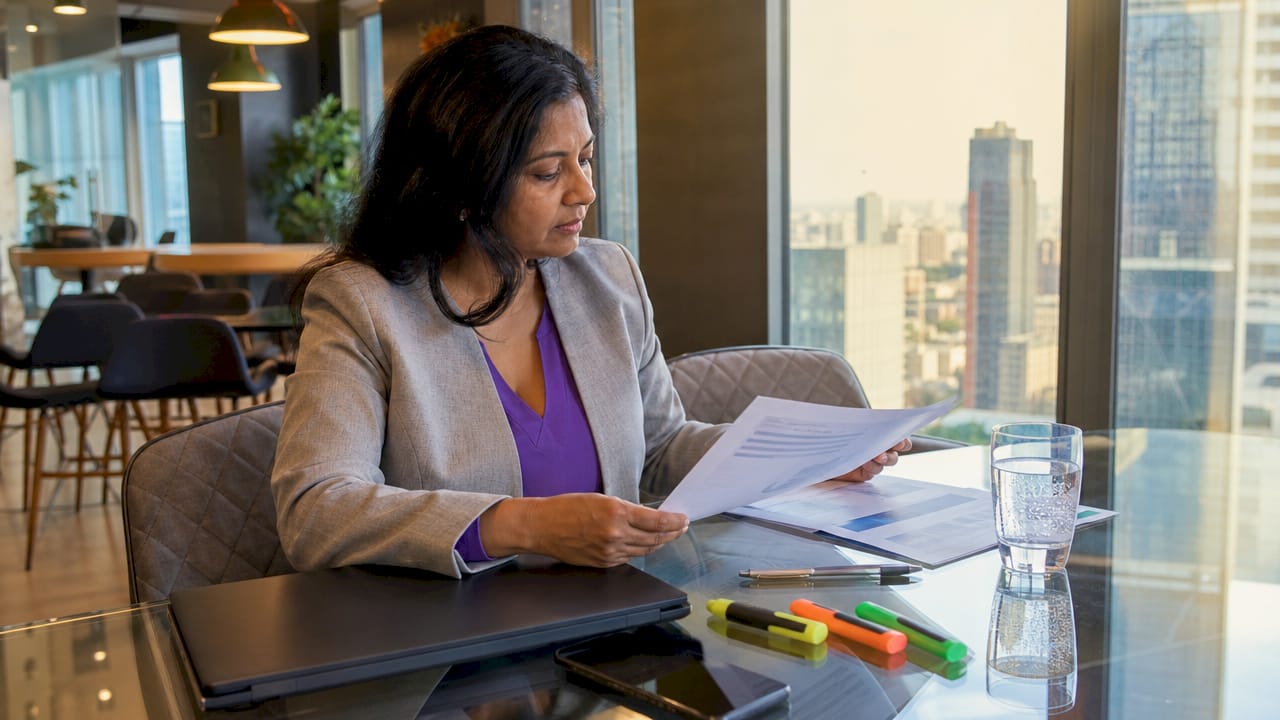 Bank executive reviewing ISMS compliance documents