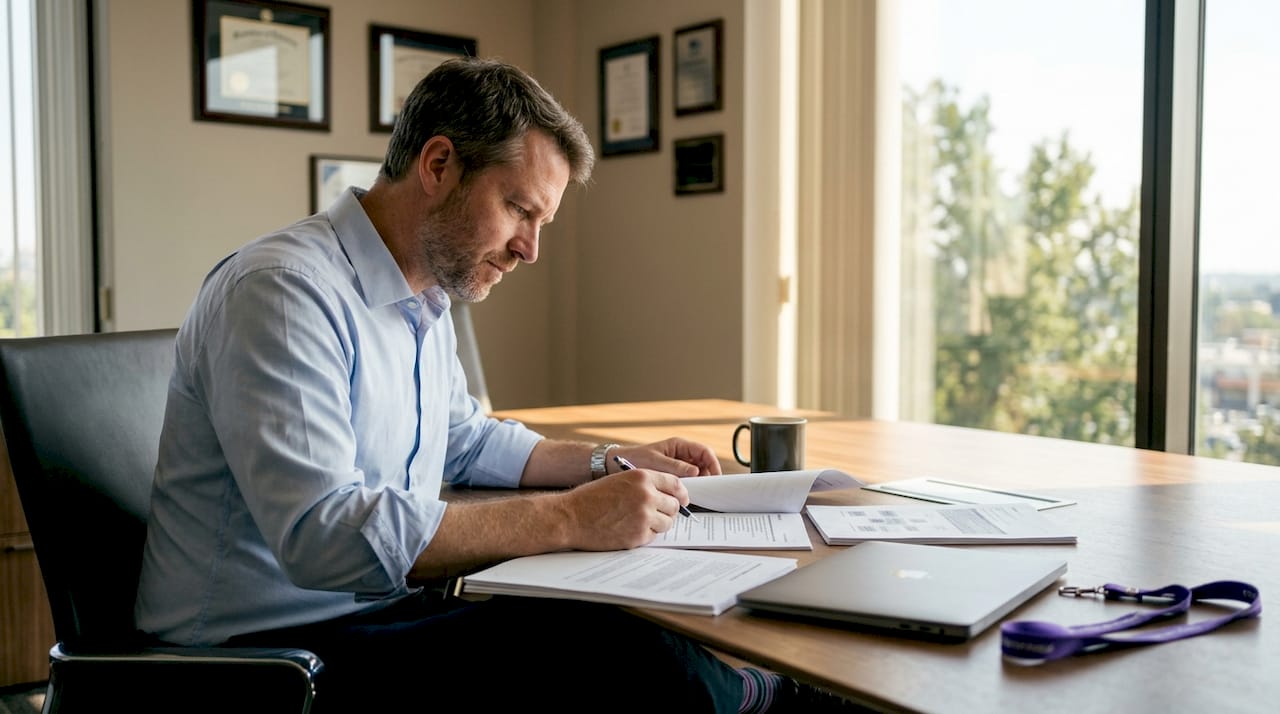 IT manager reviewing ISMS implementation documents